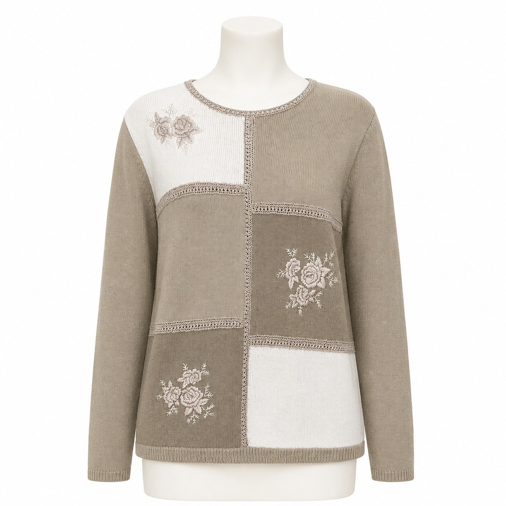 Jenny Sweater Small Beige Patchwork Floral Embroidered Crochet Trim Long Sleeve